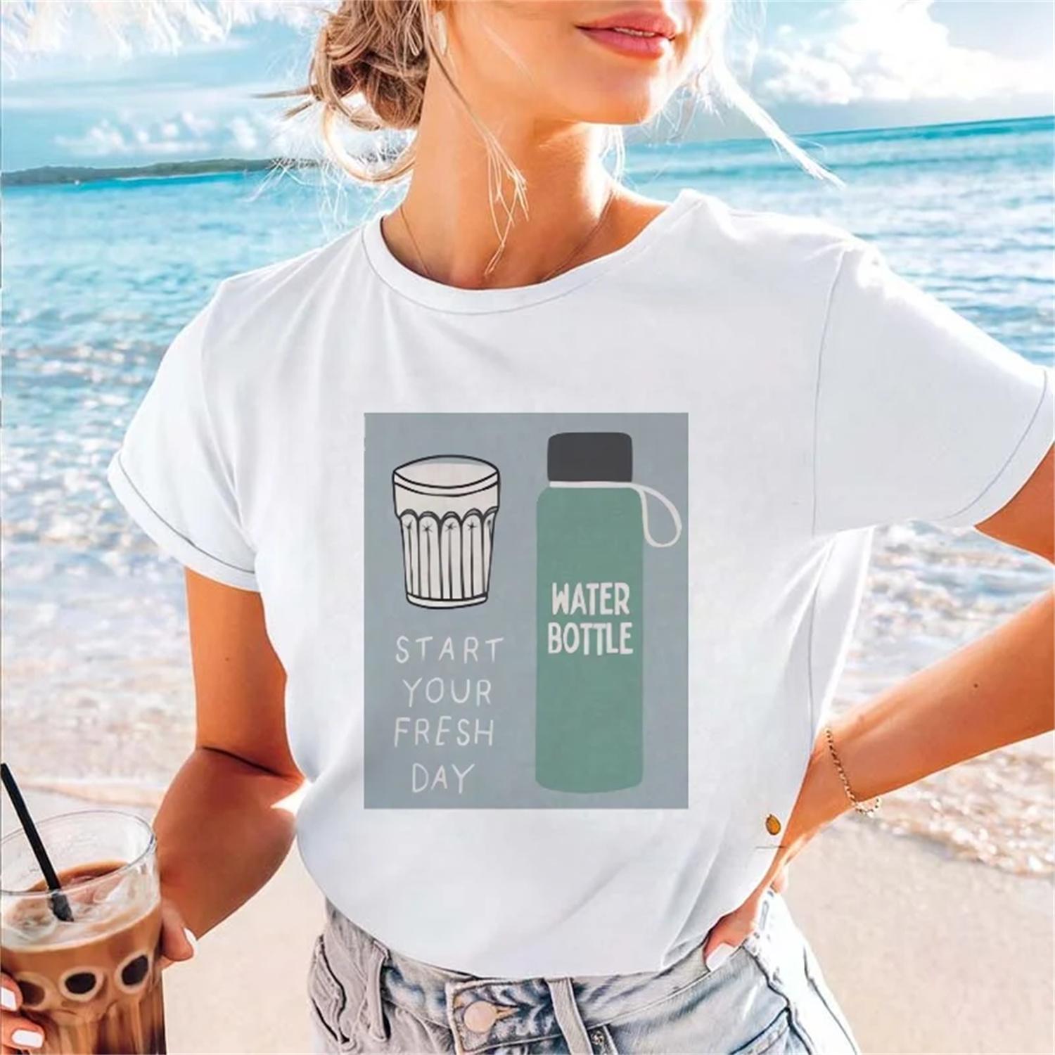 Ladies Kawaii Printed Casual Top Summer 90s T-Shirt Short Sleeved Round Neck Summer Street Pattern Casual Simple T-Shirt S
