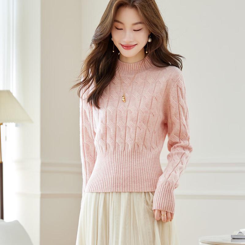 Srcr Women's Short 100% Wool Cable Knit Mock Neck Sweater