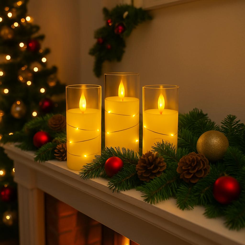 LED Pillar Candle with String Lights and Remote Control - 3 Sizes