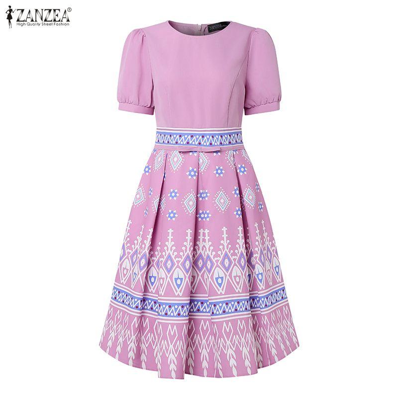 ZANZEA Women Casual Round Neck Short Sleeve Loose Print Dress