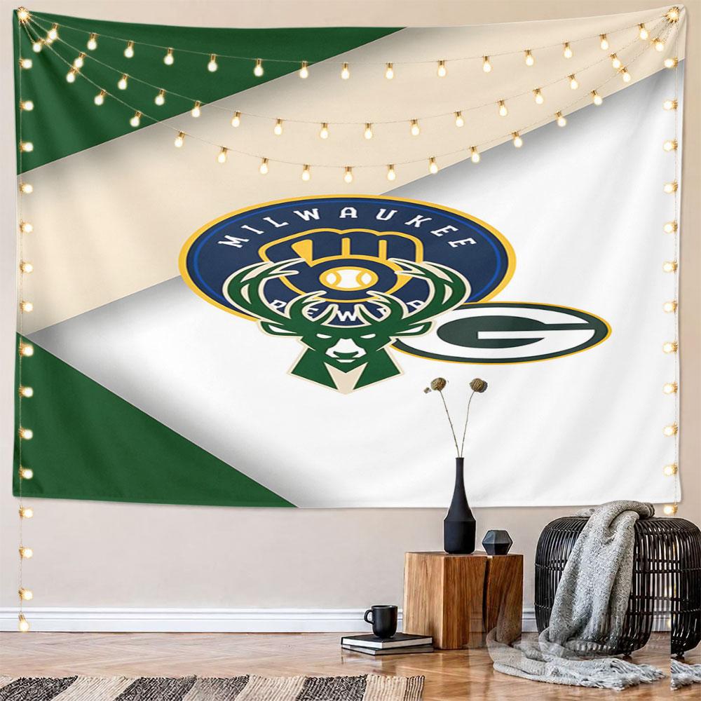 Milwaukee Team Logos Collage Design Pattern Wall Hanging Tapestry Decorative Tapestry Home Decor for Bedroom and Living Room
