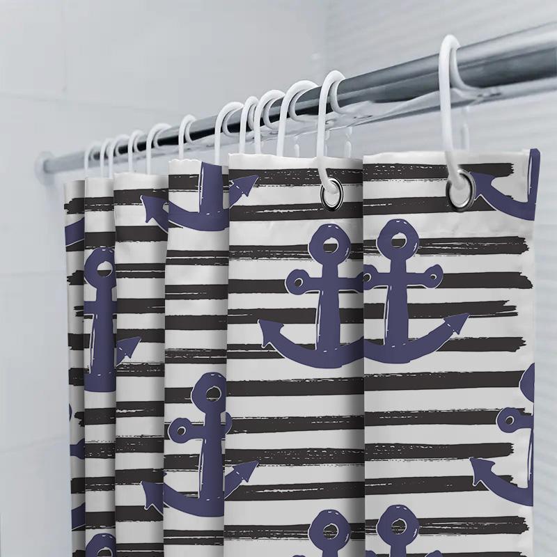 Nautical Blue White Anchor Shower Curtain With Black Stripes Home Decor Bathroom Accessories Set For Kids' Bathrooms Easy Instal