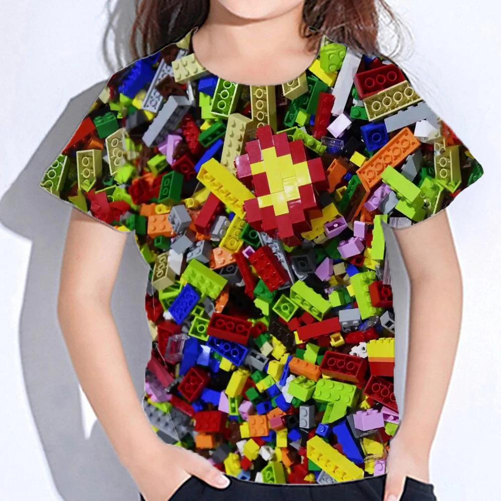3D Colourful Bricks Short Sleeve Tshirts Summer Children's Boy's Clothing T-Shirt For Girls Kids Clothes Fashion 2026 Tees Tops