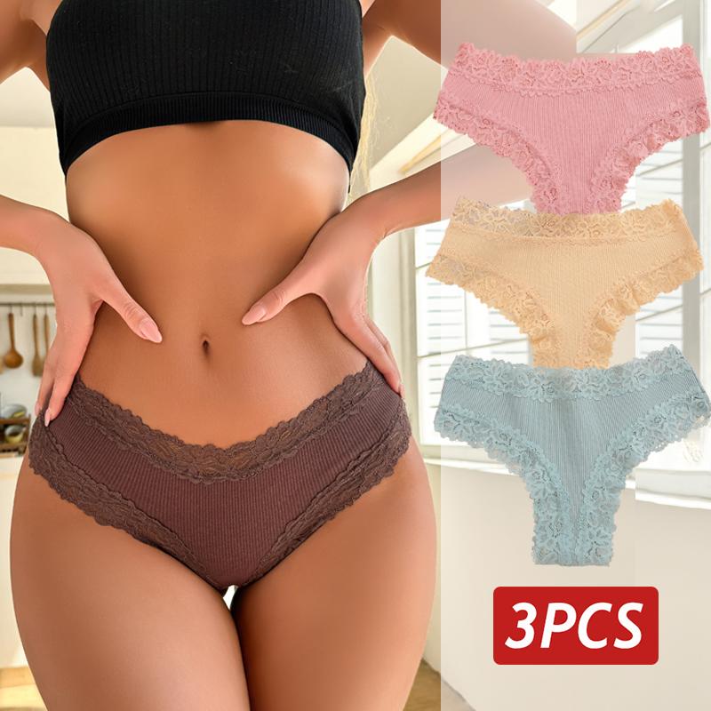 3PCS/Set Sexy Lace Panties for Women Cotton Brazilian Panties Female Low Rise Breathable Underwear Solid Colors Floral Lingerie