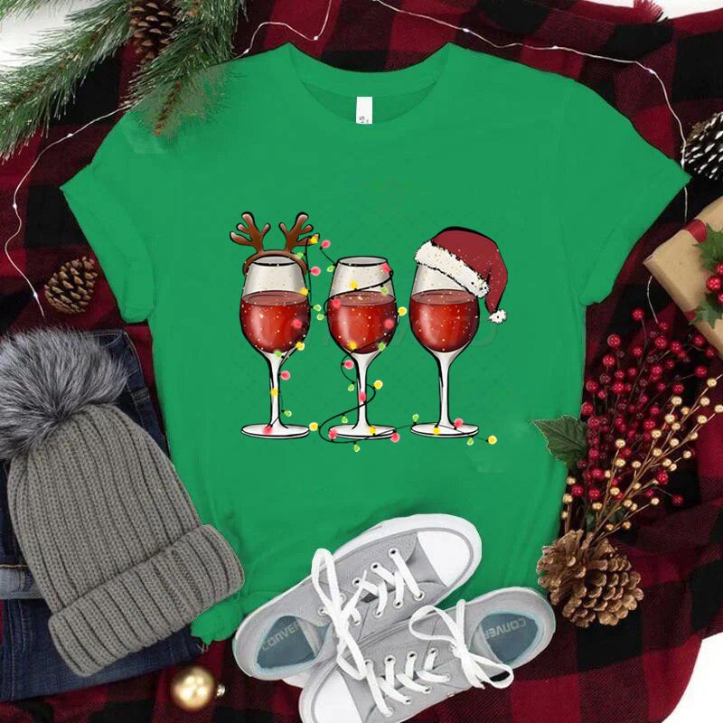 Women Wine Glass Christmas Hats T Shirt Lights Xmas Gifts Cartoon Top Happy New Year Tshirt Harajuku Fashion Womens Clothing
