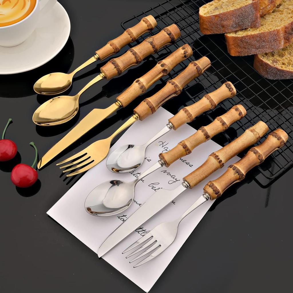 4 Pieces Bamboo Handle Set Natural Bamboo Flatware Stainless Steel Cutlery Utensils, Include Knife Fork Spoon Teaspoon