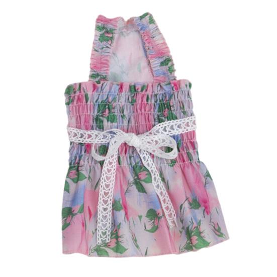 Dog Princess Dress with Floral Pattern Ruffle Sleeveless Puppy Summer Dress with Lace Bow Elastic Breathable Pet Clothes for Small Dogs Cats