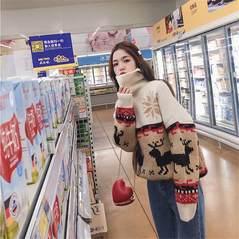 WTEMPO Turtleneck Christmas Elk Pullover Sweater Women Loose Autumn Winter Thickened Warm Fashion