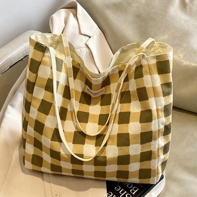 2025 Summer New Bag Women's Lazy Wind Large-capacity Canvas Bag Student Commuting Plaid Shoulder Tote Bag