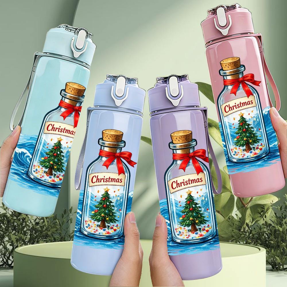 1PC Glass Bottle Christmas Tree Ocean Print 750ml Color Plastic Sports Water Bottle Leakproof Flip Straw Lid Suitable for Sports Office Home Use