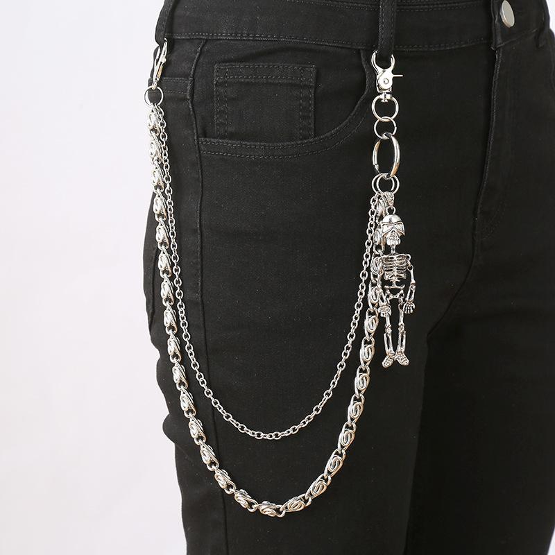 Europäisch/Amerikanische Mode Doppellagig Hip Hop Handgefertigt Totenkopf Anhänger Taillenkette für Trendige Kleidung.