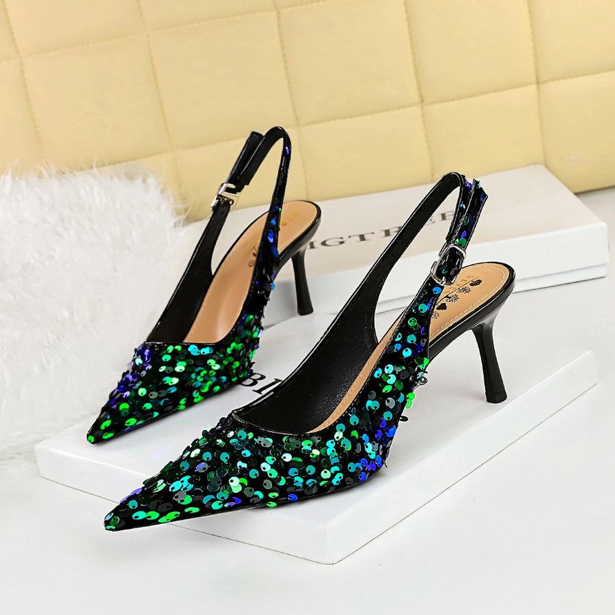 Fashion Fashion Bling Design Heeled Sandals Women Summer Sexy Pointed Toe Hollow Back Strap Thin High Heels Elegant Banquet Women Pumps