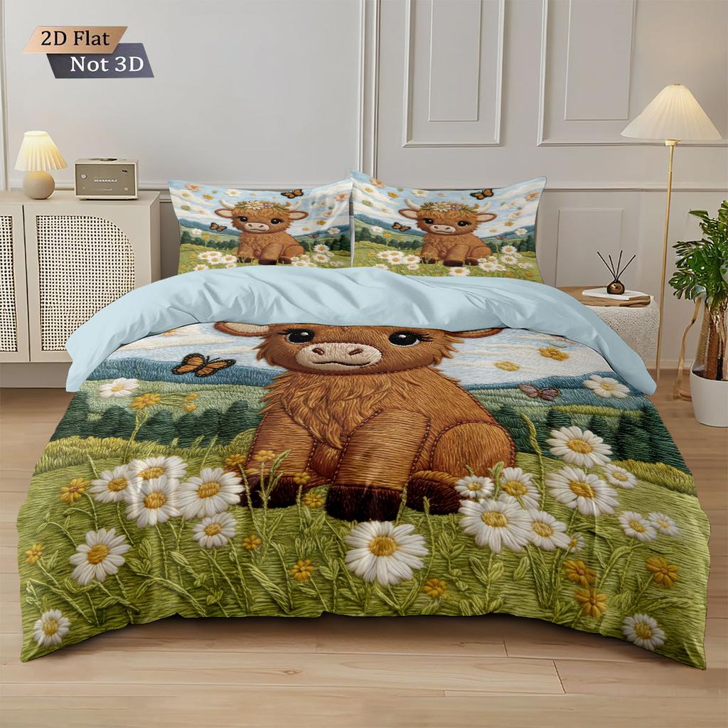 3Pcs Imitation Fabric Bad Highland Cow Print Down Duvet Cover Set, Multi Size Bedroom Bedding Decoration, Machine Washable