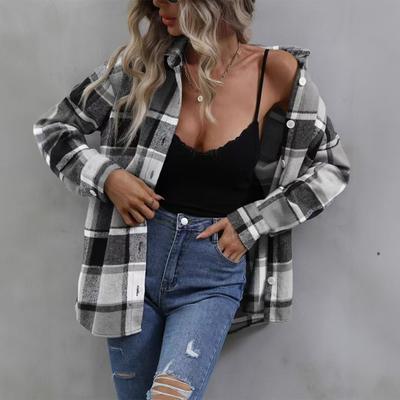 Vintage Versatile Lapel Loose Shirt #Plaid Long Sleeve Pocket Women's Shirt