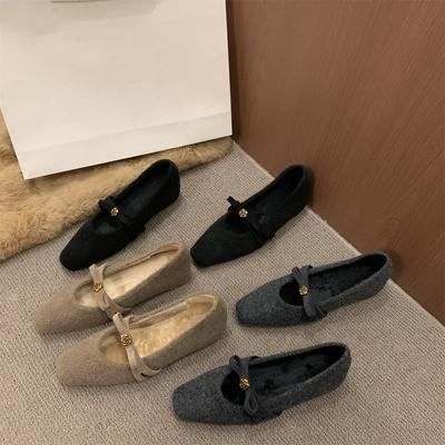 Inner Height Increase Camellia Mary Jane Shoes Bow Woolen Plush Single Shoes Cotton Shoes