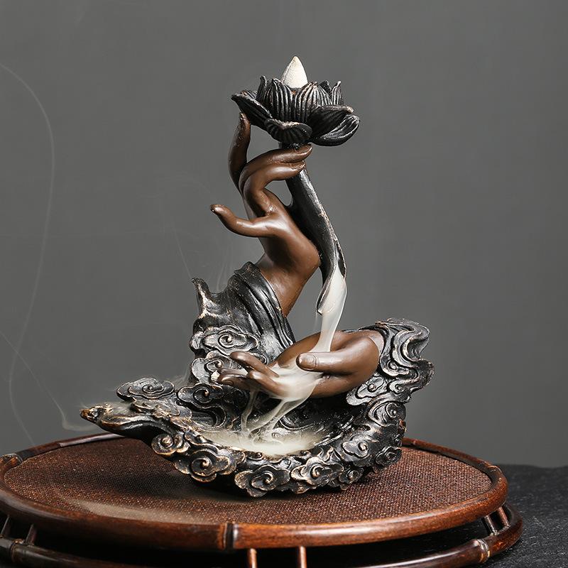 1pc MiniDeal Handmade Resin Backflow Incense Burner - for Lotus Buddha Hand Waterfall Design, for Relaxation,Handmade Design