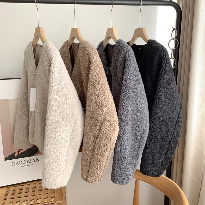 Women Autumn Winter Lamb Fur Solid Thick Warm V-Neck Long-Sleeved Casual All Match Female Outwear Jackets