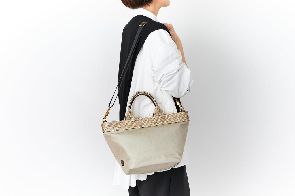 Viola Nylon X Gold Tape Tote Gray D'oro Bag, Medium, Beige, VIO-V-2037-BE