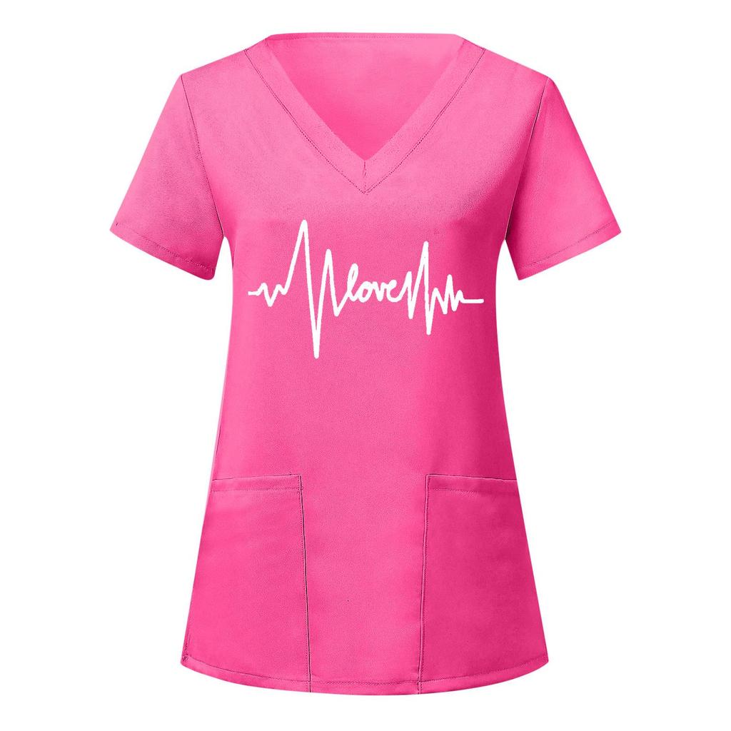 European and American Nurse Caregiver V-Neck Print Shirt with Large Pocket, Short Sleeve T-shirt for Women