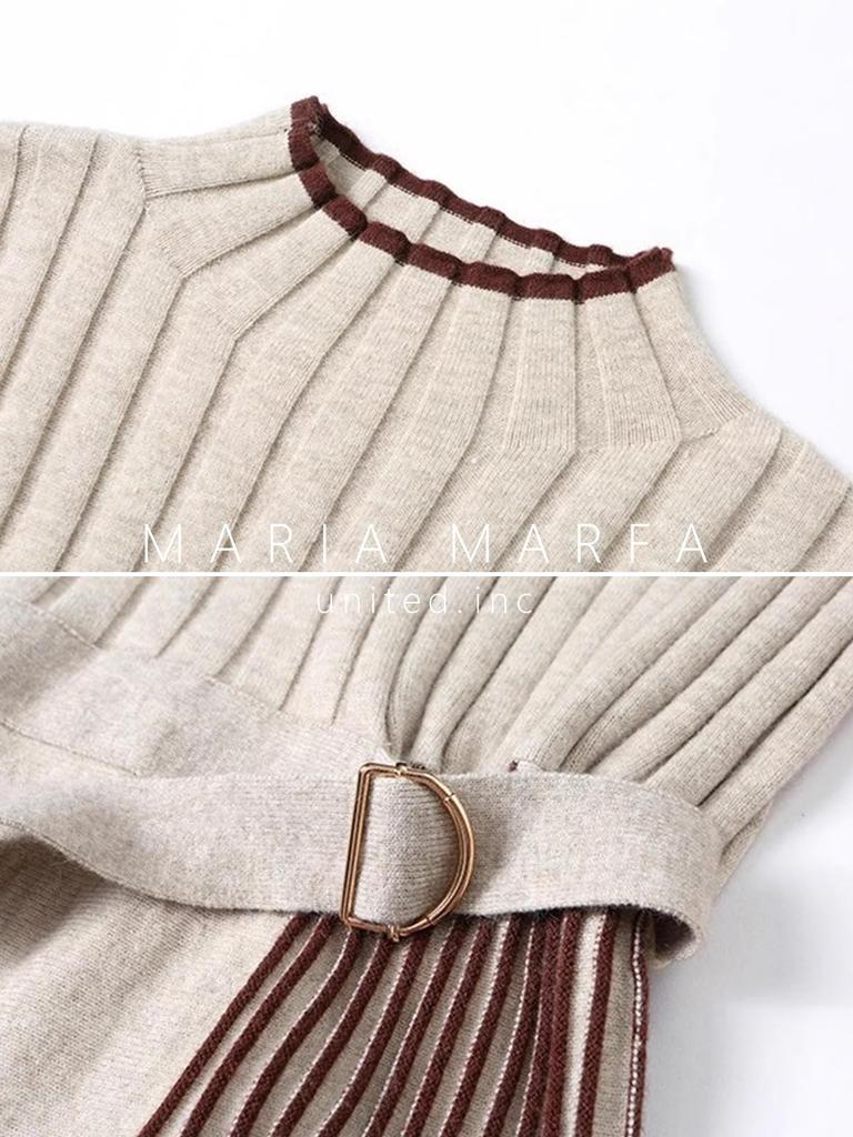 MARIA MARFA Ribbed Knit Tight Elegant Dress for Office and Party Size M Dress, Fall/Winter, Fit, Two-Tone, Wear, Ivory, (5A-M11-IVM)