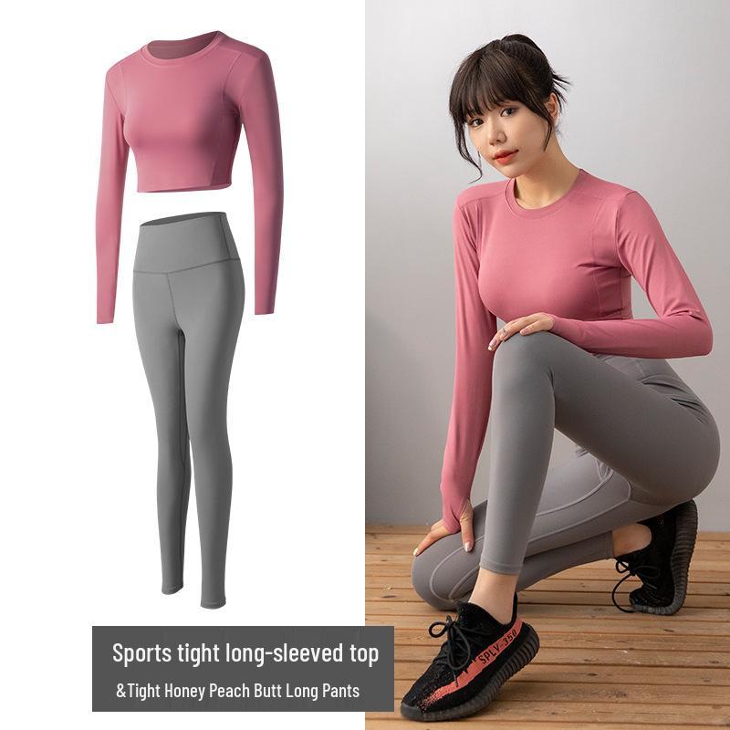 Seamless Yoga Set: Women's Long Sleeve Top & High Waist Peach Lift Pants for Gym & Running