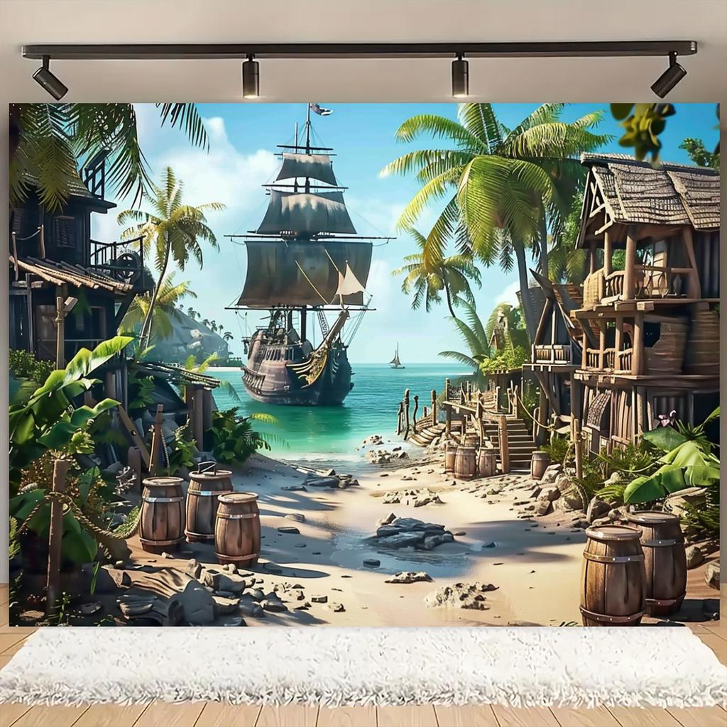 Multi-functional Pirate Ship and Palm Tree Background Fabric - for Indoor and Outdoor Parties, Home and Office Decoration