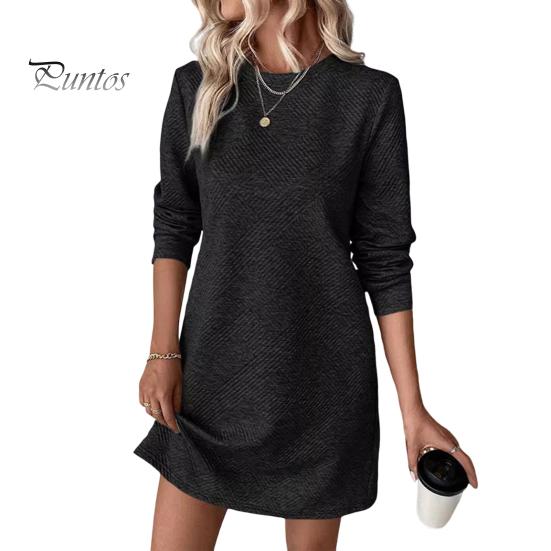 

Платье весна-осень с фактурными длинными рукавами и круглым вырезом, однотонное свободное прямое мини-платье, короткое платье-пуловер для поездок на работу, свиданий, путешествий S чёрный