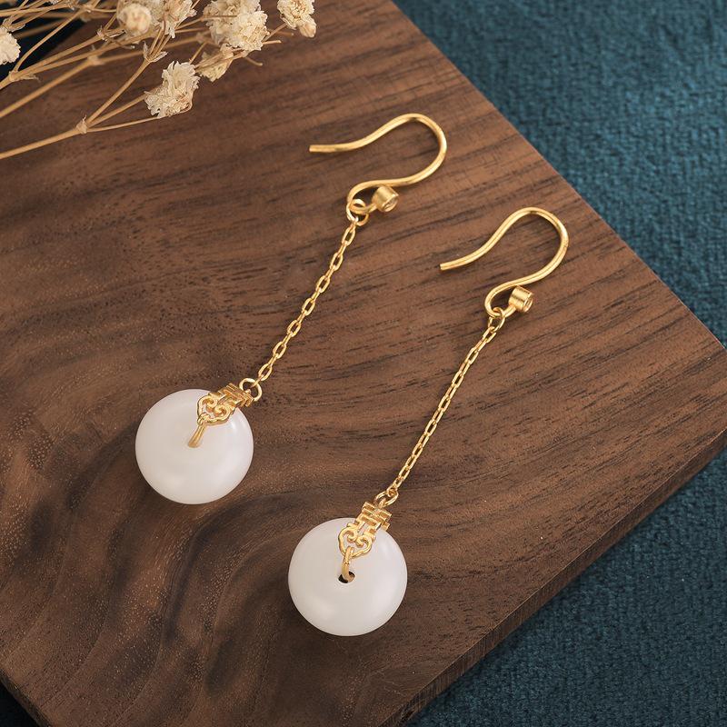 

Gold-Plated Double Happiness Earrings with White Jade Inlay - Retro Chinese Style for Women