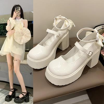 Fashion Women's Thick-soled Mary Jane Shoes Fashionable Patent Leather Ankle Strap High Heels Women's Bow Shoes Trendy and Versatile
