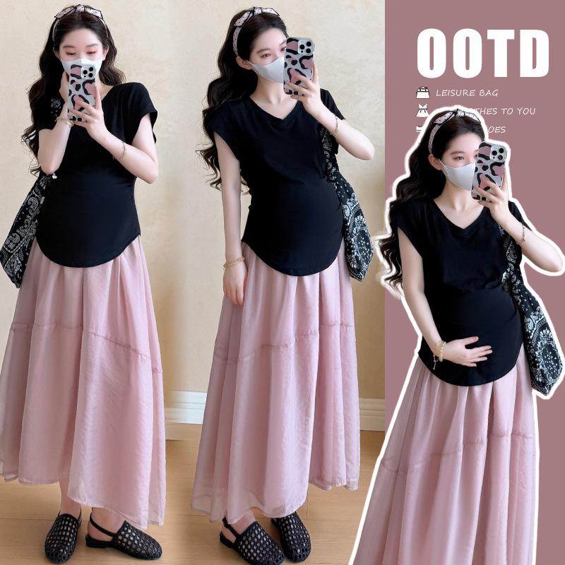 

2025 New Black V-Neck Short-Sleeve T-Shirt & Versatile Half-Skirt Maternity Set XL