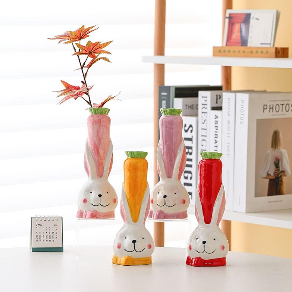 Rabbit Carrot Shape Flower Bottle Handmade Green Plants Pot Rabbit Ceramic Vase Desktop Decor