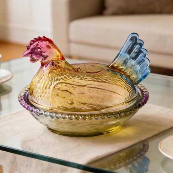 Szklana miseczka na cukierki w kształcie kurczaka z pokrywką, wzór zwierzęcy, naczynie na przekąski, desery, owoce, sałatki, dekoracja na stół do domu, kuchni