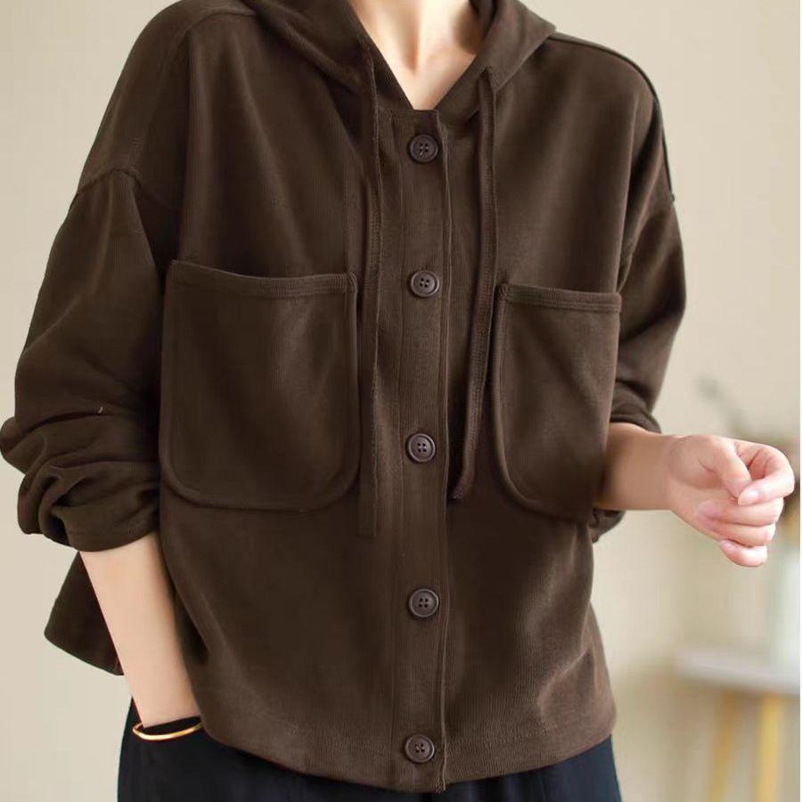 Women's Solid Color Jackets Autumn Spring Hooded Pockets Loose Cardigan Korean Fashion Lady Blouse Coat