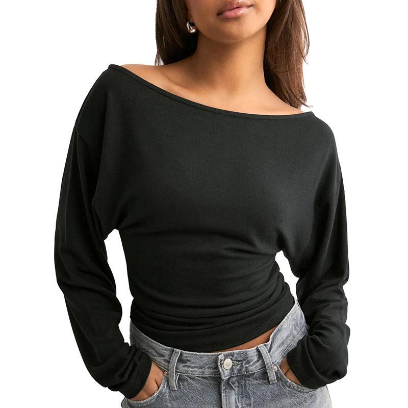 Y25TP365 Women's One-Shoulder Batwing Sleeve Waist-Cinched Solid Color Autumn Pullover Top