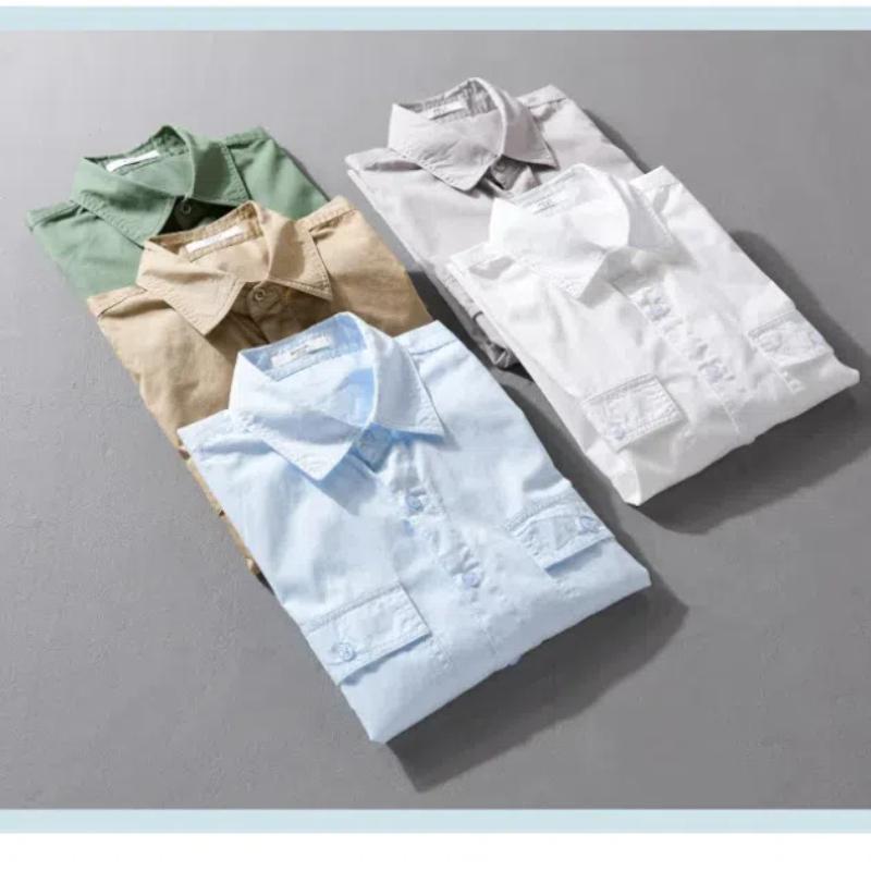 Sommarskjortor för män Japansk stil Cargo-skjorta med kort ärm Dubbla fickor Arbetstoppar för män Ren bomull Casual-skjortor