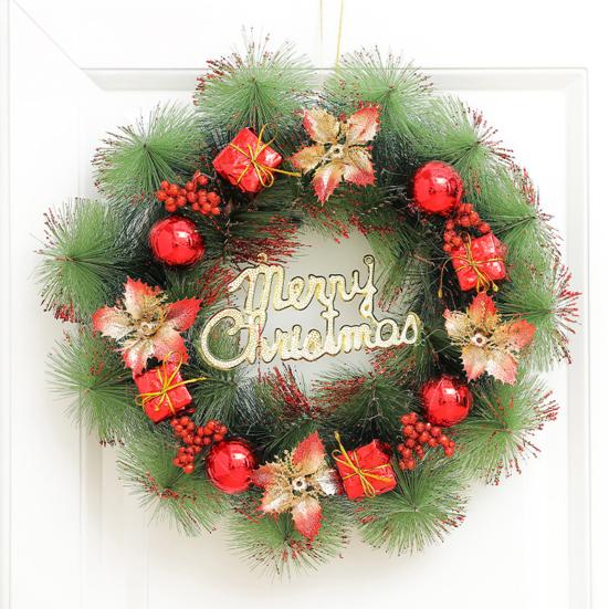 Christmas Wreath for Front Door Artificial Pine Needle Wreath with Balls Bows Flowers Merry Christmas Hanging Decor for Home Wall Window Porch Indoor