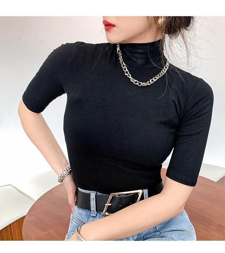 

Модная базовая хлопковая футболка с высоким воротником, универсальные футболки с короткими рукавами, женская повседневная эластичная белая футболка, женский топ 20398 M чёрный