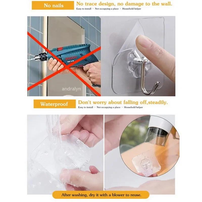 50pcs Transparent Stainless Steel Self-Adhesive Hooks Bathroom Towel Clothes Storage Sticker Hook Key Hangers Storage Holder