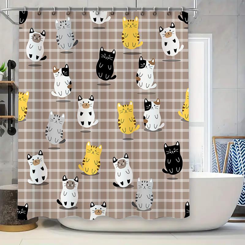 

Home Decor Shower Curtains With Cat Pattern For Bathroom, Waterproof Fabric, Modern Bath Room Accessories In Black White Yellow W60H190(CM)-1 Pcs