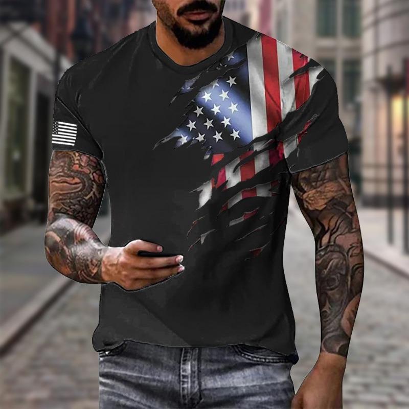 Men's Khaki USA Flag Ripped Print Short Sleeve Summer T Shirt