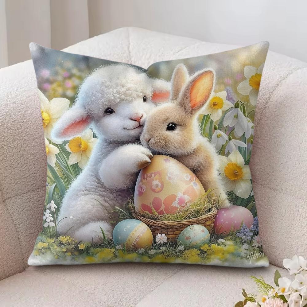 Little Lamb Easter Cushion Cover Silky Short Plush Invisible Zipper Dustproof Sofa Pillow Case For Home Decor