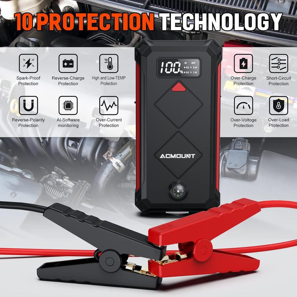 P100 Car Jump Starter 5000A Peak, 12V Portable Battery Pack for 10L Gas/8L Diesel, LED Screen & Light
