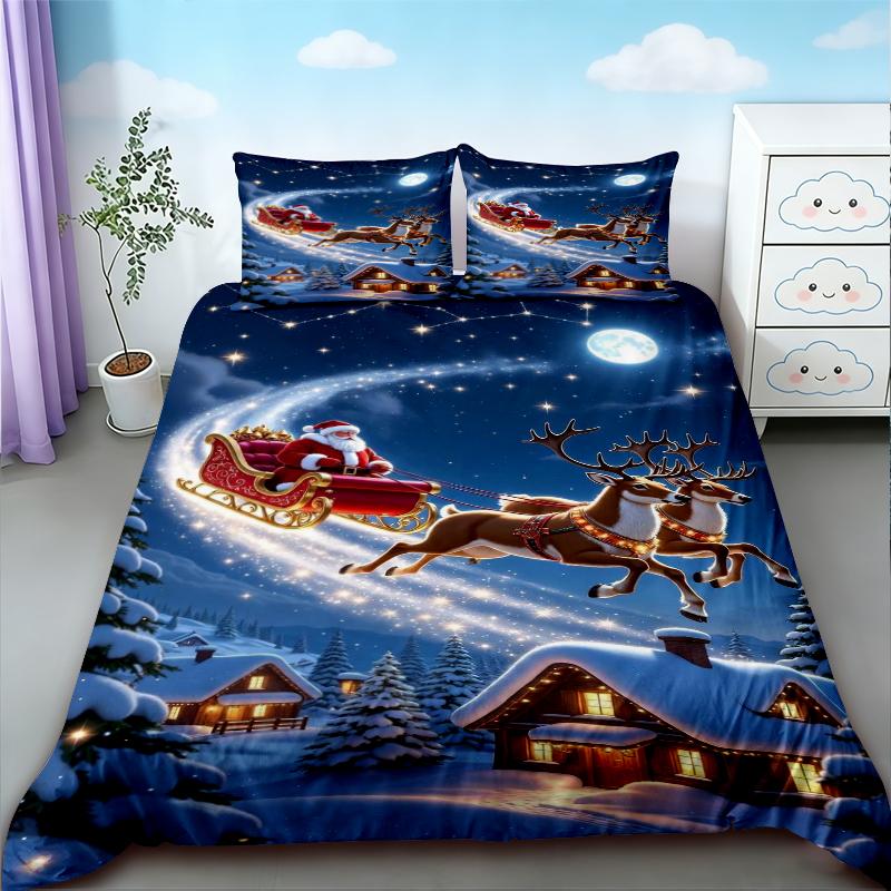 Duvet Cover 3-piece Christmas Themed Santa Claus Snowman Print (1 Duvet Cover+2 Pillowcases, No Core) Soft Bedding Set Soft Best