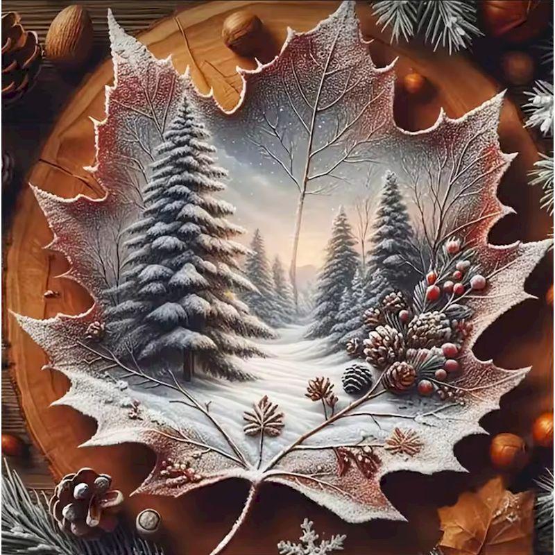 

5D DIY Diamond Painting Kit Frosted Maple Leaf Winter Forest Scene Full Drill Cross Stitch Embroidery Mosaic Wall Art Kit Full Square 25x25cm червоний