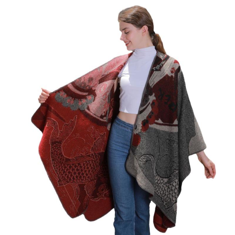 New Bawang Tea Ji Shawl Ladies Travel Photo Shawl Retro Thickened Jacquard Split Shawl