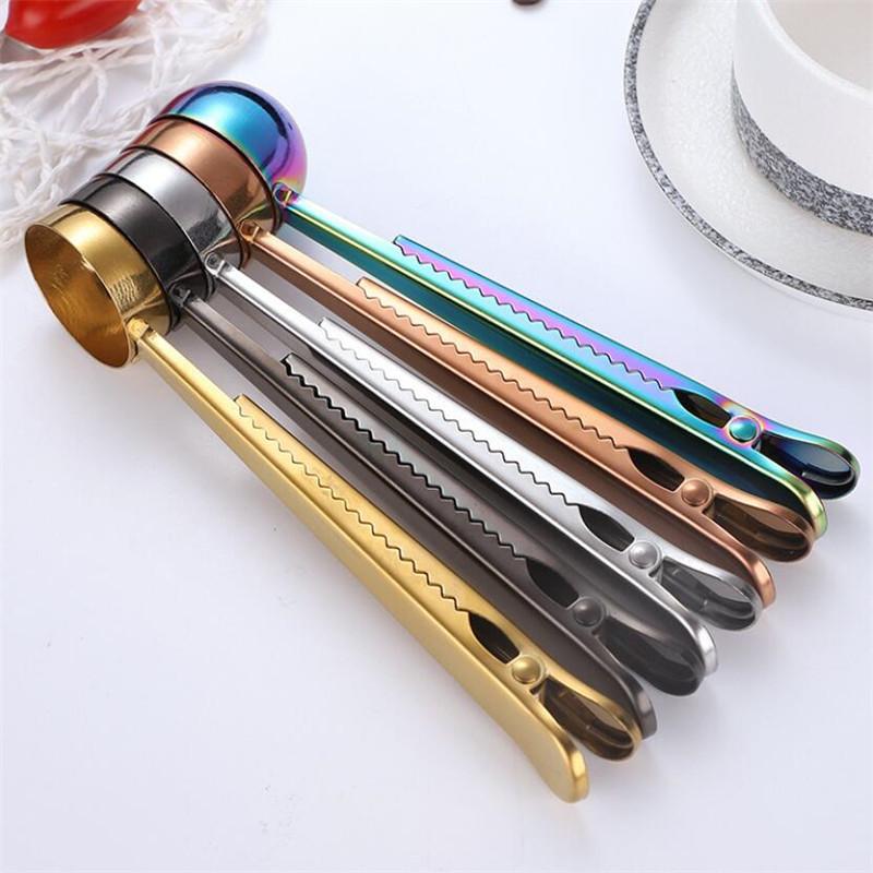 Gold Silver Multifunction Kitchen Supplies Coffee Scoop With Clip Stainless Steel Tea Measuring Cup Scoop Spoons