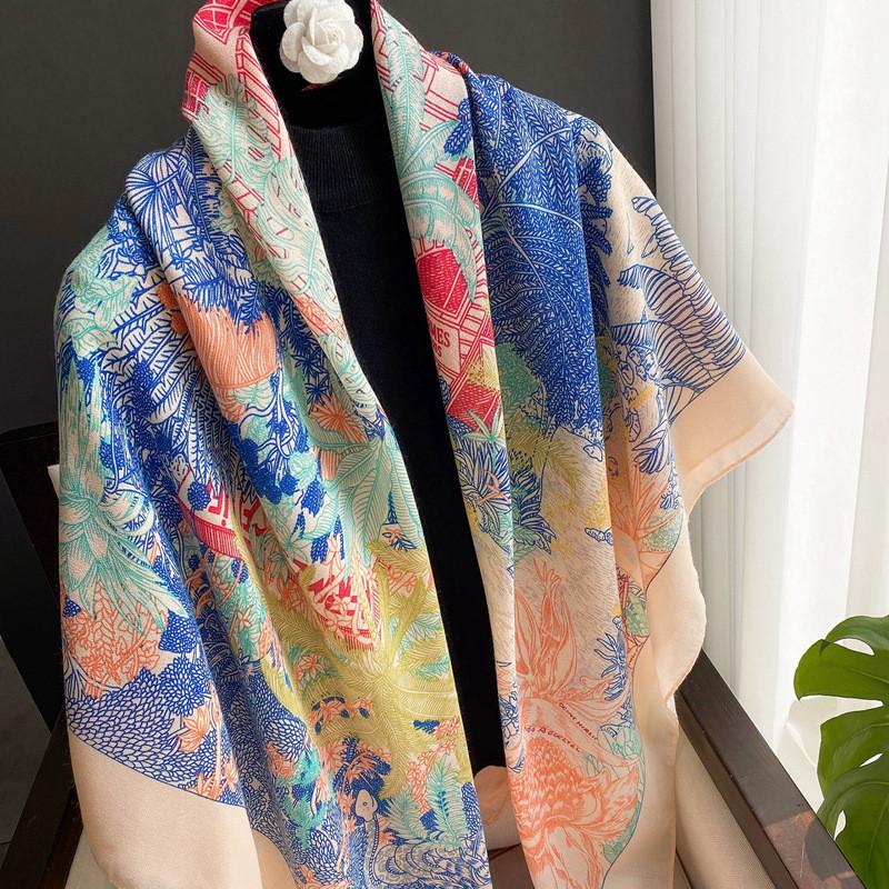42 Designs Spain Brand Lovely Floral Square Viscose Shawl Scarf Lady Print Soft Wrap Pashmina Bufandas Muslim Hijab 135*135Cm