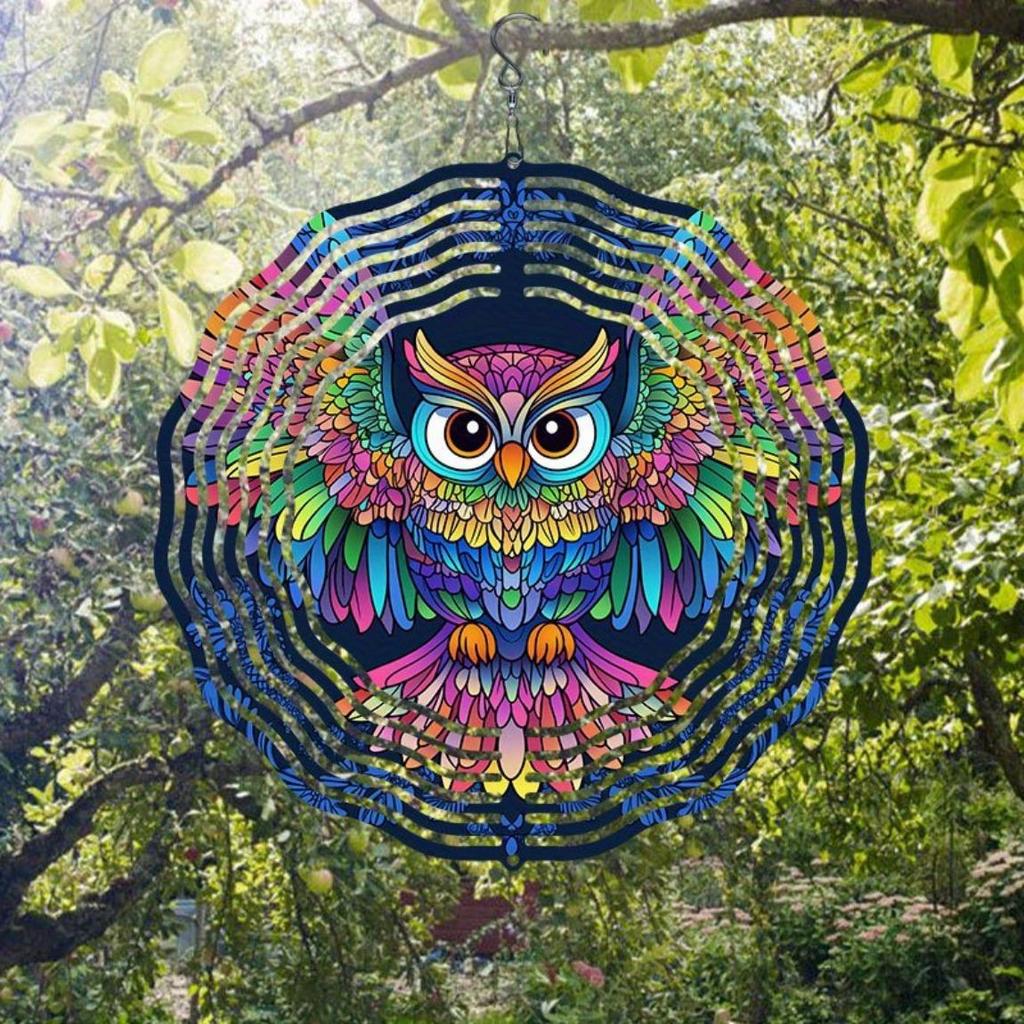 Colorful 3D Owl Metal Wind Chime - Outdoor Hanging Garden Decor with 360° Rotating Hook, Handcrafted Patio Ornament for Home, Wedding