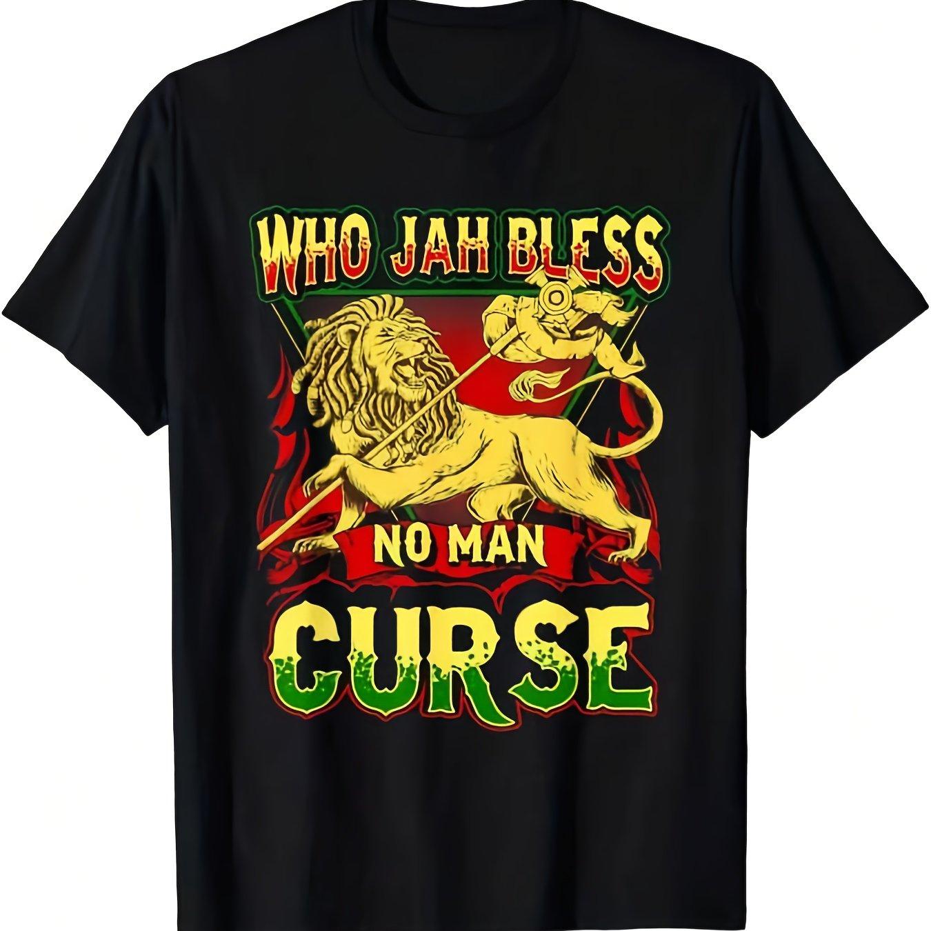 Who Jah Bless No Man Curse Lion of Judah Graphic Tee Men s Casual Cotton T-Shirt Reggae Style 4XL