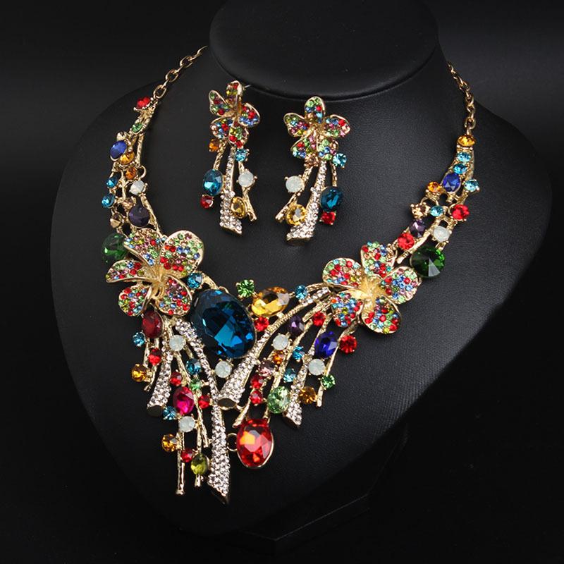Luxury Diamond Necklace Earrings Set Party Wedding Dress Dinner Accessories Colorful Rhinestone Necklace Earrings Chain for Girls